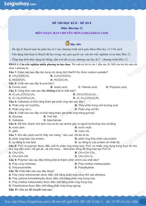 Đề thi học kì 1 Hóa 12 Cánh diều - Đề số 8